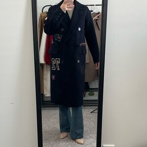 MO&Co. Double-Breasted Oversized Wool Coat-Navy Blue Monkey King Embroidert-sz M